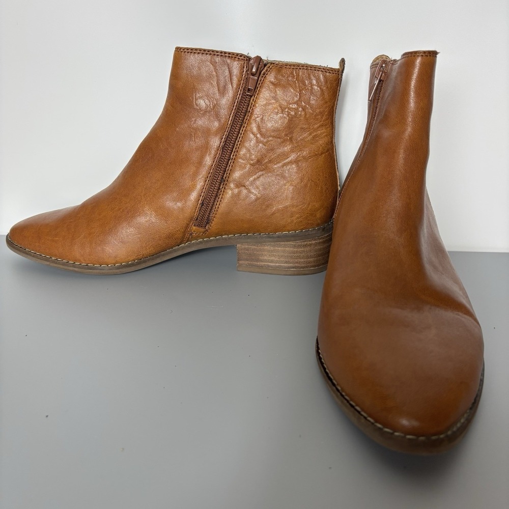 Lucky Brand Letrica Leather Ankle Boots Brown Side Zip Low Heel Women 8M - Picture 2 of 10